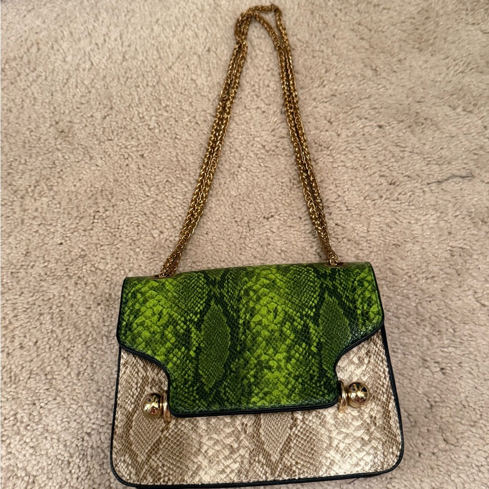 Green and Tan Snake Print Chain Bag